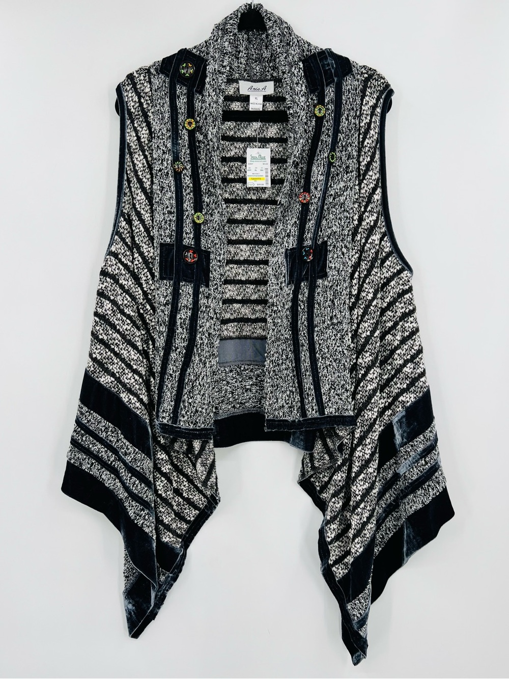 🆕 NWT Anes.A Striped Knit Drape Cardigan Buttons Velvet Detailing Open Front XL